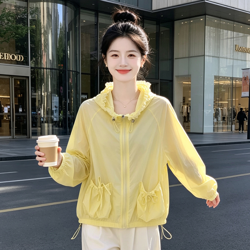 실사 스타 같은 단락 후드 자외선 차단 의류 여성 펌프 로프 통기성 얇은 스타일 자외선 차단 재킷 다용도 오픈 가디건 맨위