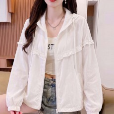 批发实拍连帽防晒外衫泡泡袖木耳边拼接休闲宽松薄款开衫<b class='q'>甜美</b>风上衣