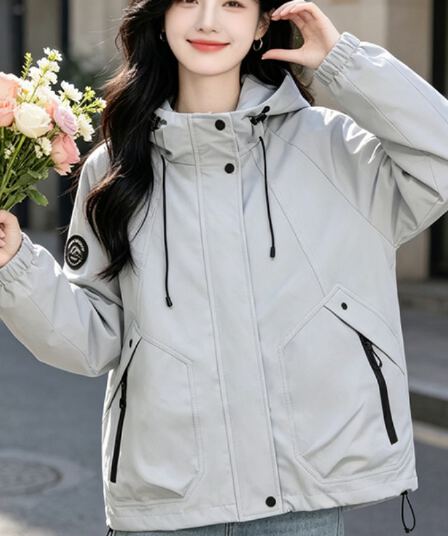 실사 후드 펌프 로프 스냅 단추 방풍 요금 외투 비스듬한 지퍼 주머니 완장 루즈핏 다용도 슬림해 보이는 섹션