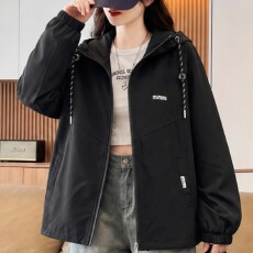 批发实拍连帽抽绳拉链外套撞色编织抽绳插肩宽松字母小标休闲<b class='q'>百搭</b>风范