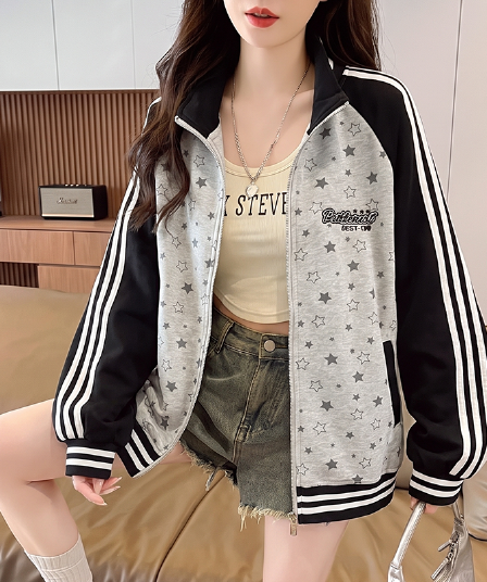 실사 스탠드 칼라 지퍼 열기 별 전체 인쇄 루즈핏 가을 어깨 긴팔 리브 커프스 스트라이프 막대기 표준 운동 재킷