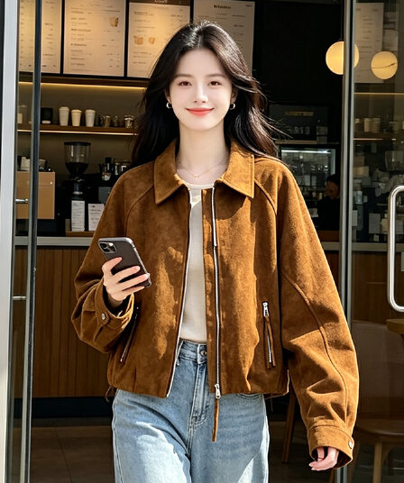 실사 아메리칸 레트로 스웨이드 원단 뒤집다 리더쉽 머리 배색 지퍼 열기 루즈핏 가을 어깨 측면 지퍼 포켓 쇼트 스타일