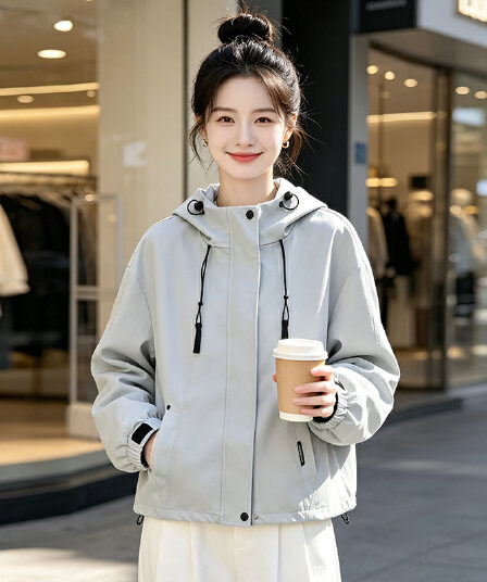 실사 기능 후드 펌프 로프 루즈핏 가을 어깨 긴팔 배색 지퍼 주머니 열기 스냅 단추 커프스 막대기 표준 재킷