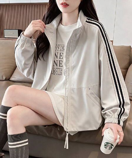 실사 아메리칸 운동 스탠드 칼라 더블 머리 지퍼 루즈핏 가을 어깨 줄무늬 슬리브 밴딩 커프스 밑단 쇼트 스타일 재킷