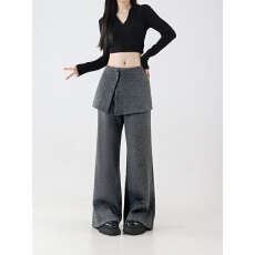 批发假两件设计感屁帘<b class='q'>休闲裤</b>女秋冬高端韩系慵懒松弛感裤子毛呢阔腿裤