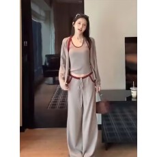 批发2025早秋季新款流行灰色套装女大方得体穿搭开衫内搭阔腿<b class='q'>裤</b><b class='q'>一整套</b>