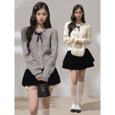 批发小香风蝴蝶结麻花针织开衫上衣女设计感白色甜美气质毛衣外套秋季