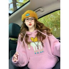 批发粉色减龄提花连帽毛衣女2025新款秋冬设计感小个子慵懒软糯针织衫