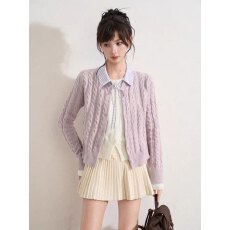 批发紫色麻花假两件针织衫开衫➕加厚短裙两件套