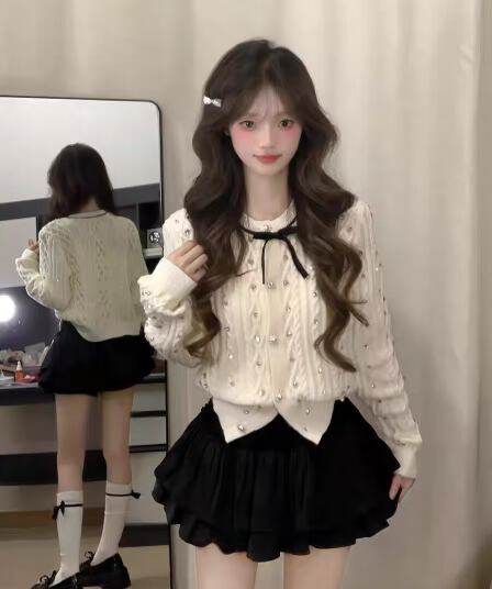 부유 한 가족 천 골드 작은 샤넬 스타일 착용 가져 가라. 에이즈 환자 여성 세트 가을 겨울철 학원 달콤함 니트 오픈 가디건 치마 투피스 슈트