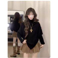 批发黑色不规则高领套头<b class='q'>毛衣</b>女秋冬季小个子韩系慵懒风蝙蝠袖针织上衣