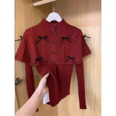批发高级感超好看针织衫上衣女秋冬季内搭蝴蝶结披肩斗蓬毛衣两件<b class='q'>套装</b>