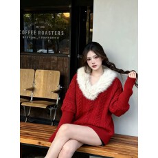 批发法式慵懒蝙蝠袖V领毛领针织衫女秋冬<b class='q'>宽松</b>气质高级毛衣