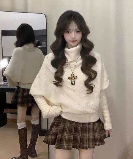 베이지 색 트위스트 꽃 루즈핏 폴로 칼라 색상 버클 망토 니트 스웨터 체크무늬 플리츠 미니 스커트 투피스 세트 세트