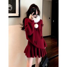 批发女装新款2025<b class='q'>冬</b>季韩系宽松立体蝴蝶结毛衣半身裙套装配毛领