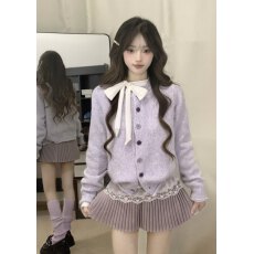 批发香芋紫圆领针织开衫外套女秋冬季➕紫色短款百褶裙套装