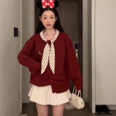 秋冬复古红色波点领带宽松软糯针织衫毛衣半身裙套装