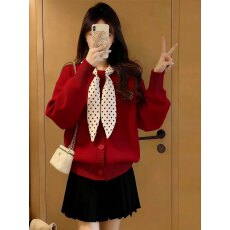 批发穿搭一整套2025冬季新款蝴蝶结新年红色针织<b class='q'>毛衣</b>百褶裙两件套装女