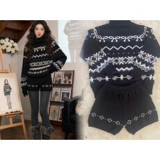 批发费尔岛套装女秋冬季小个子黑色加厚高领针织毛衣休闲短<b class='q'>裤</b>子两件套