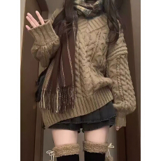 复古风慵懒V领麻花灯笼袖套头毛衣女秋冬新款宽松加厚针织上衣