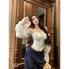 批发实拍实价碎花抹胸上衣女2025一字肩刺绣<b class='q'>雪纺</b>鱼骨胸衣长袖<b class='q'>背心</b>