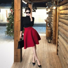 批发实拍实价赫本风红色轻奢高腰<b class='q'>半身裙</b>半高领长袖打底衫秋冬套装女