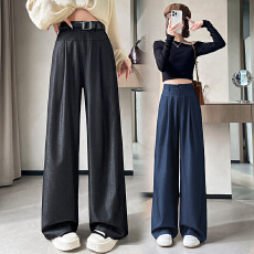 批发实拍2026春夏新款天丝牛仔时尚松紧高腰直筒拖地休闲阔腿裤配<b class='q'>腰带</b>