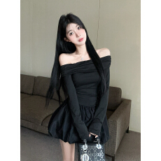 批发实拍实价  一字领蓬蓬连衣裙