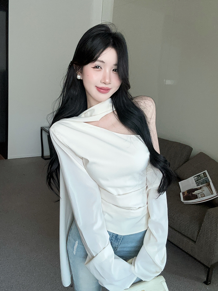 실사 정가 부드러운 우아함 비스듬한 어깨 리본 쉬폰 블라우스 셔츠
