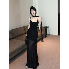 批发<b class='q'>实拍</b>实价  重工网纱拼接吊带连衣裙飘带长裙