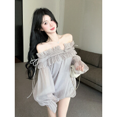 批发实拍实价 烟雨雾紫甜美温柔气质一字肩<b class='q'>长袖</b><b class='q'>连衣裙</b>短裙