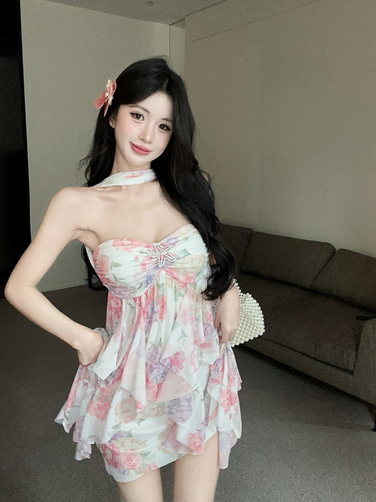 실사 정가 하나 달콤한 복숭아 yikett 때문 한여름 객실 여름 튜브탑 휴가 바람 꽃무늬 드레스