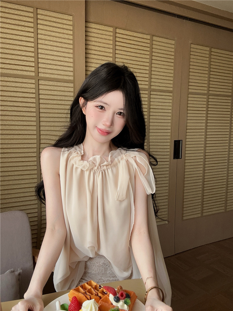 실사 정가 시폰 셔츠 여성 살구 색상 부드러운 품격 민소매 한 마디 루즈핏 맨위 레이스 반신 치마 세트