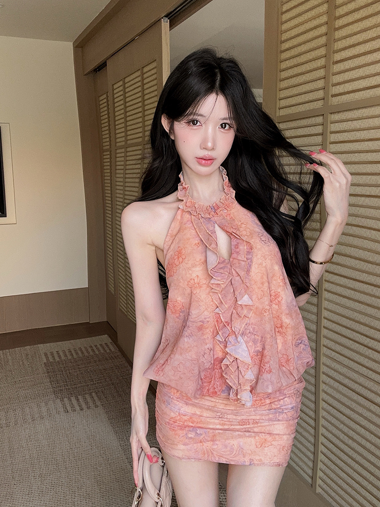 실사 정가 프릴 행침 목 꽃무늬 여성 드레스 허리 수축 슬림해 보이는 타이트 스커트 미니 스커트 여름