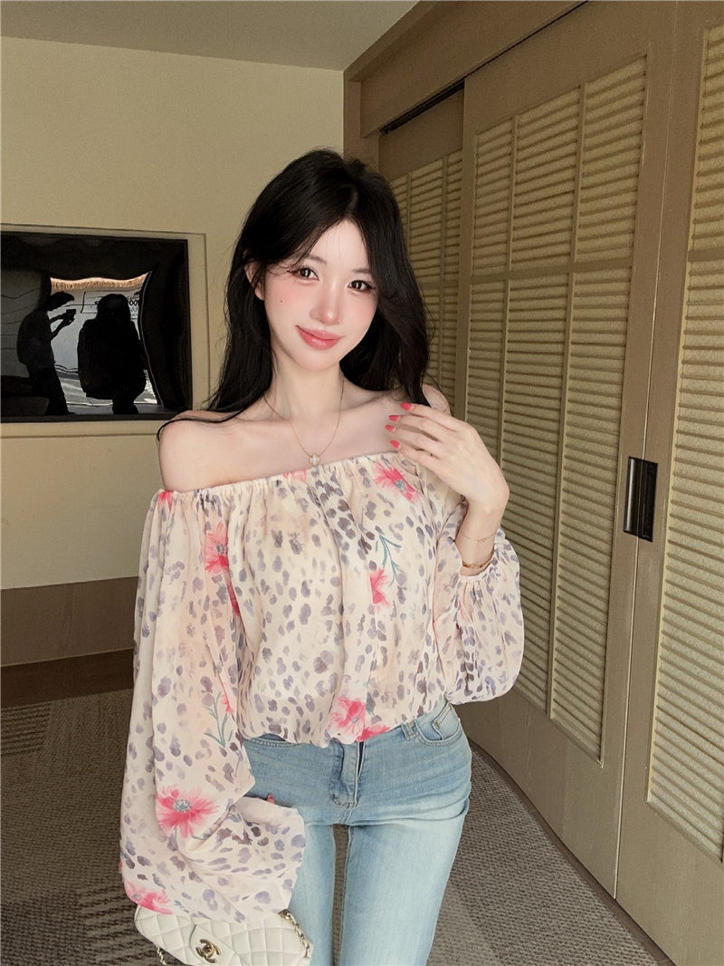 실사 정가 핑크색 레오파드 무늬 꽃무늬 오프숄더 긴팔 쉬폰 셔츠