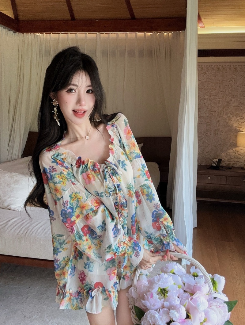 실사 정가 뜨 거 운 ~ 중 계절 레트로 펌프 로프 색상 꽃 프린트 쉬폰 셔츠 얇은 스타일 디자인 센스