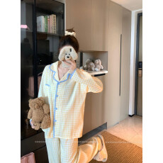 批发甜美舒适撞色格子亲肤睡衣家居服<b class='q'>套装</b>女