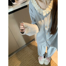 实拍实价！  秋冬德绒磨毛甜美蕾丝圆领条纹睡衣家居服女