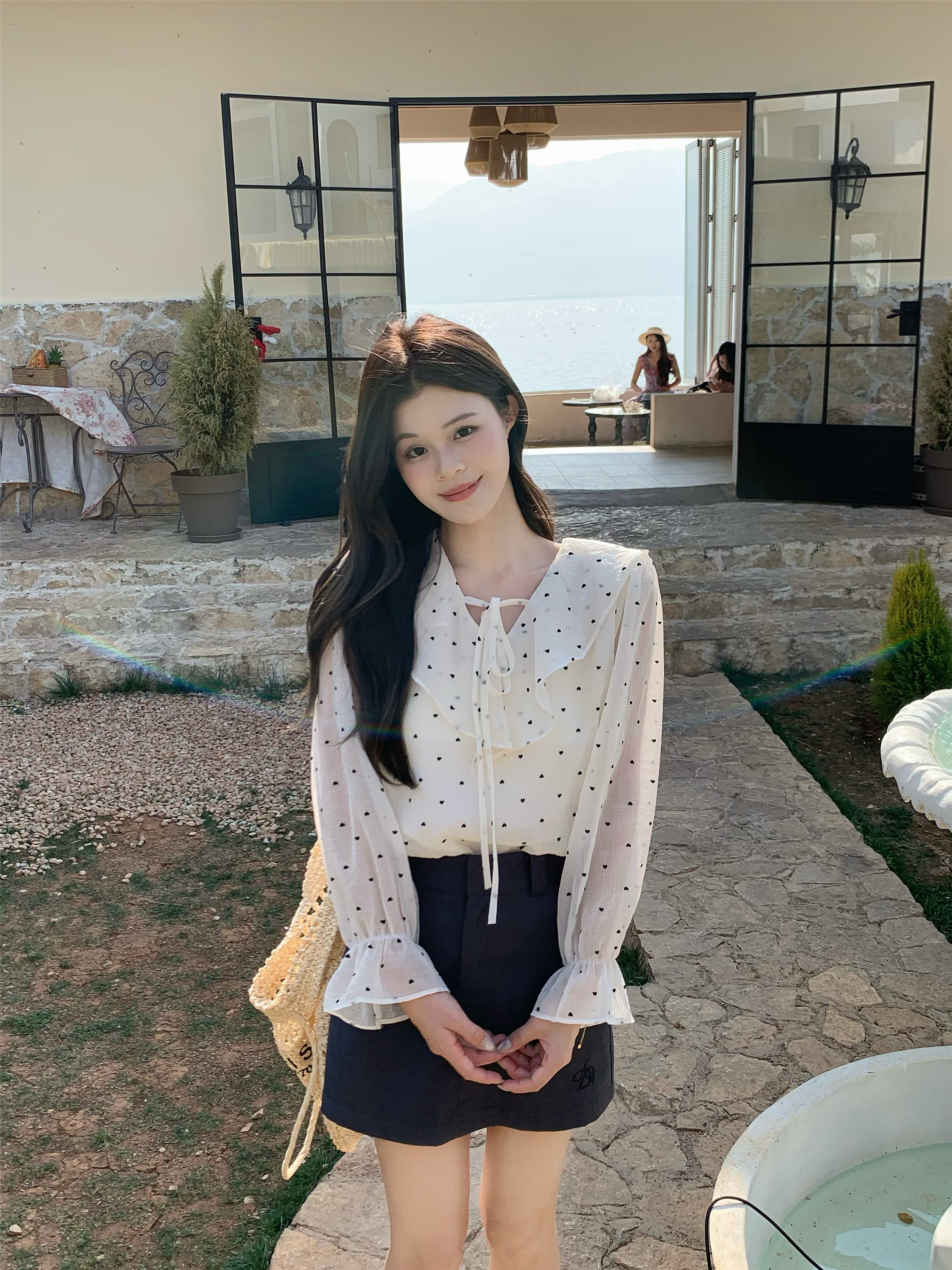 실사 정가 이른 봄 새로운 프릴 도트 무늬 한 부서 나비 넥타이 맨위 여성