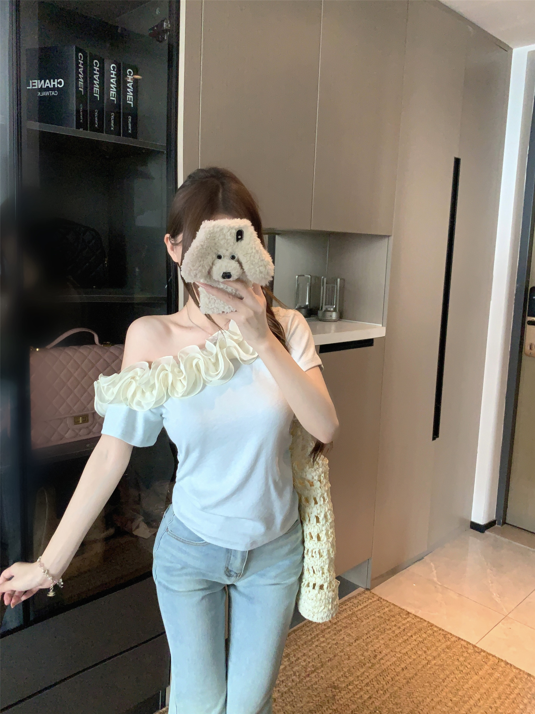 실사 정가 프랑스식 순수한 욕망 3 차원 꽃잎 꼬집기 허리 슬림해 보이는 오프숄더 티셔츠 여성