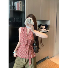 批发实拍实价！  夏季气质绑带收腰显瘦格子背心马甲女