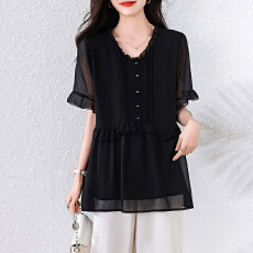 批发2026夏季新款胖妹妹V领木耳边<b class='q'>加肥</b><b class='q'>加大</b>气质显瘦遮肚减龄雪纺上衣