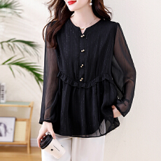 批发2026春秋新款胖妹妹V领木耳边<b class='q'>加肥</b><b class='q'>加大</b>气质显瘦遮肚减龄雪纺上衣