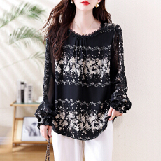 批发大码女装气质<b class='q'>衬衫</b>女2026春秋新款胖MM花边蕾丝印花遮肚显瘦上衣