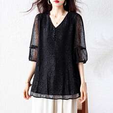 批发2026春夏大码女装优雅提花宽松胖MM显瘦遮肚洋气七分袖百搭上衣