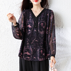 批发春季2026新款复古印花长袖大码雪纺衫女洋气遮肚小衫百搭上衣