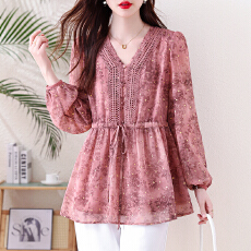 批发2026春季新款<b class='q'>胖</b>MM<b class='q'>碎花</b>V领收腰显瘦时尚百搭洋气上衣女