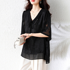 批发2026夏季新款<b class='q'>胖</b>MM<b class='q'>宽松</b>显瘦系带V领提花遮肉雪纺百搭短袖上衣女