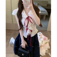 批发实拍实价~新款韩版V领花边<b class='q'>波点</b><b class='q'>衬衫</b>女夏季短款收腰短袖上衣半身裙