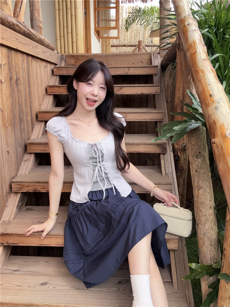 실사 정가 새로운 한국 스타일 페이크 레이어드 맨위 반신 스커트 투피스 세트
